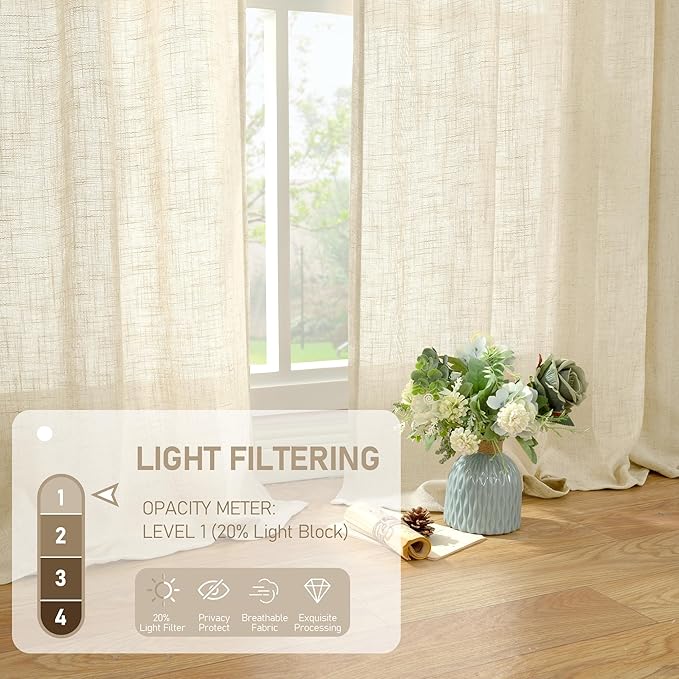 LAMIT Beige Linen Cafe Curtains 24 Inch Length, Semi Sheer Light Filtering - Image 4
