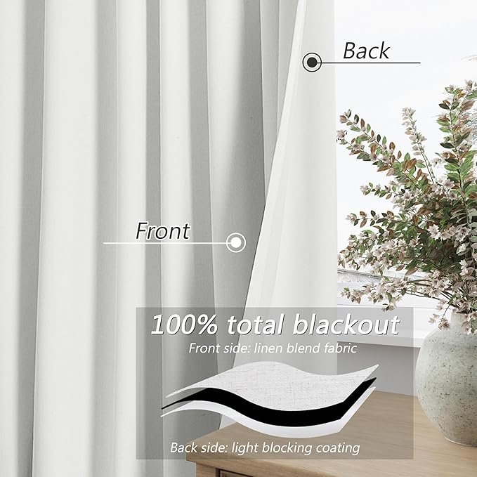 Guken White 100% Blackout Linen Curtains 120 Inch Length 2 Panels Set - Image 4