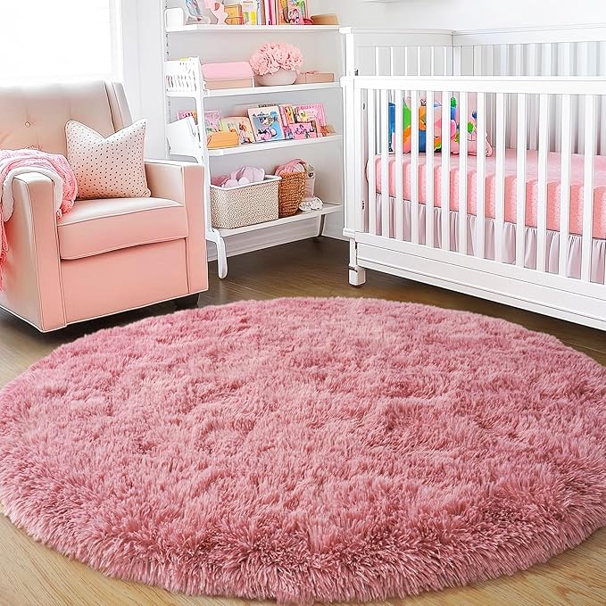 4'x4' Blush Round Rugs for Girls Bedroom, Ultra Soft Fluffy Circle Rug for Kids - Image 7