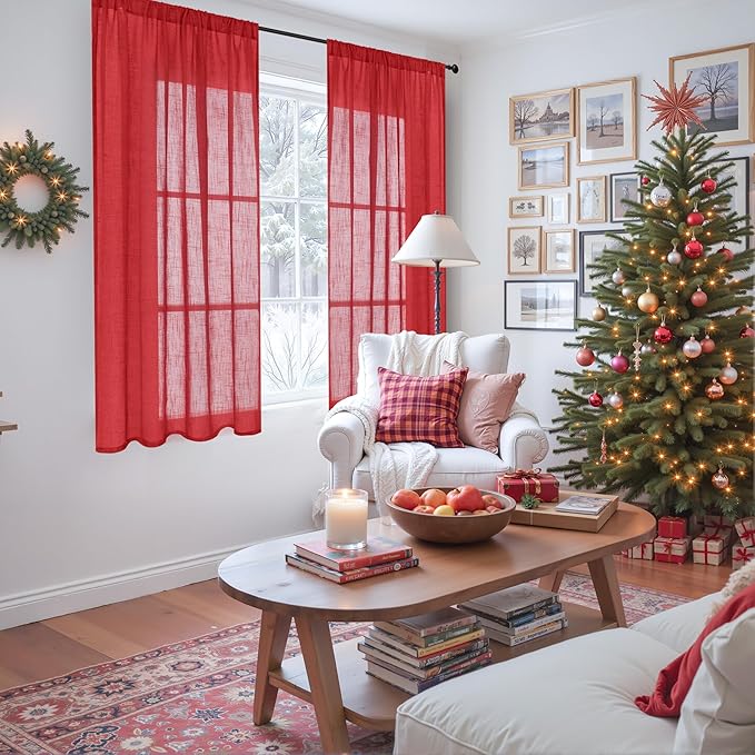 BGment Red Linen Curtains 45 Inch Length - Image 2