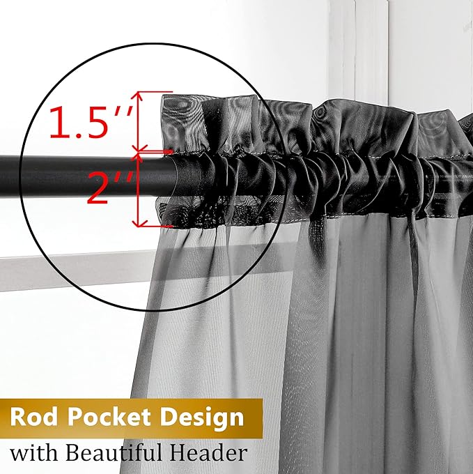 Aiyufeng 2 Panels Black Sheer Valance 14 Inch Length, Short Black Sheer Curtains - Image 3