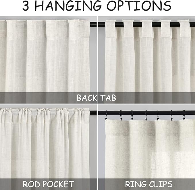 2 Panels Set Cream Linen Curtains 105 inches Long - Image 3