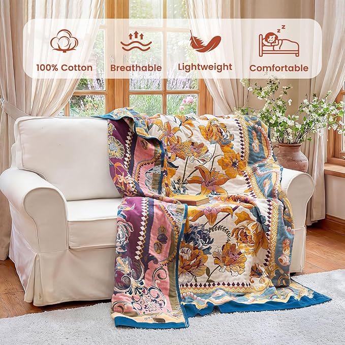 MSGKV Boho Throw Blanket 50"x60" Couch Floral 100% Cotton Blanket Spring - Image 2