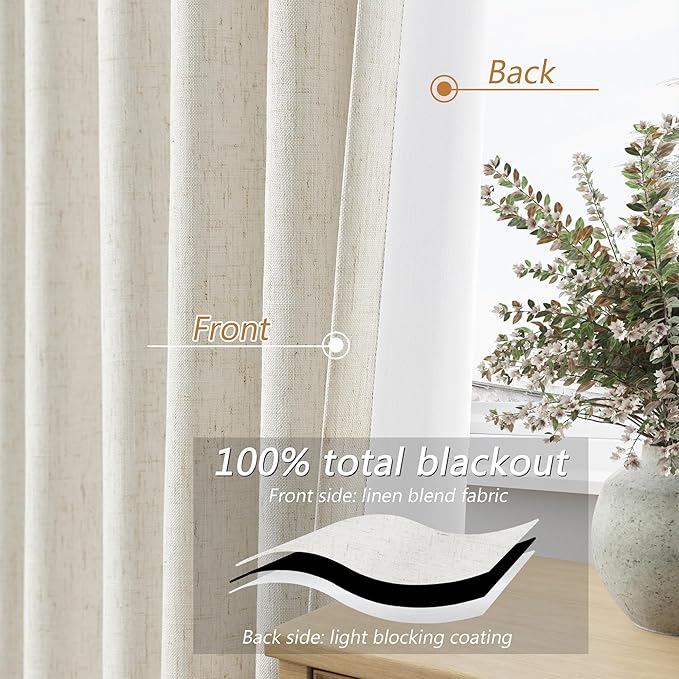 Cream 100% Blackout Linen Curtains 100 Inch Length 2 Panels Set - Image 3