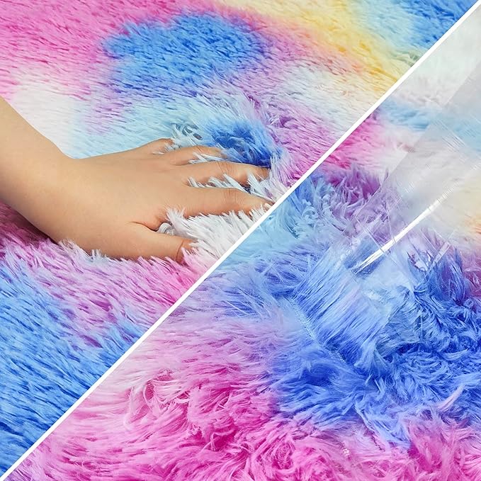 Small Fluffy Colorful Rug for Bedroom Girls 3x5 Kawaii Rainbow Tie Dye Area Rug - Image 6