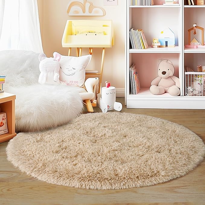 6‘x6’ Beige Round Rug for Bedroom, Ultra Soft Fluffy Circle Rug for Kids Girls - Image 9