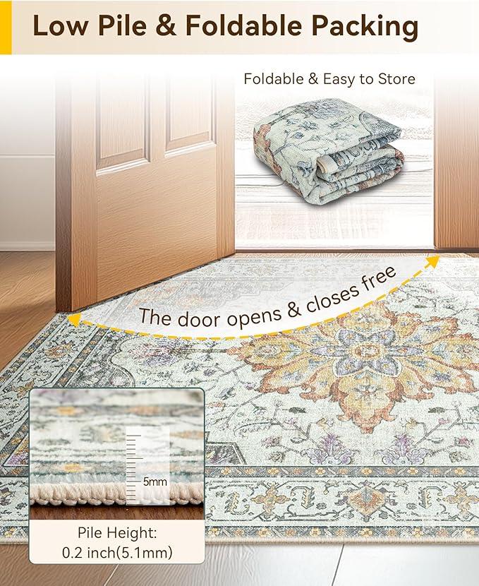 Area Rugs 8'x10' Washable Non-Slip, Floral Vintage Distress Print Pattern - Image 6