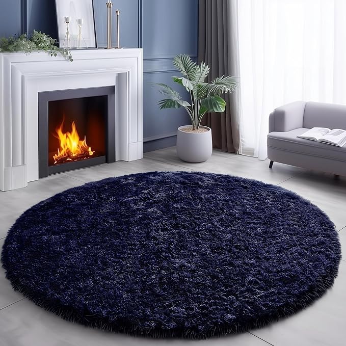 Dark Navy Round Rug 6Ft for Living Room Boys Bedroom, Fluffy Furry Fuzzy Plush - Image 8