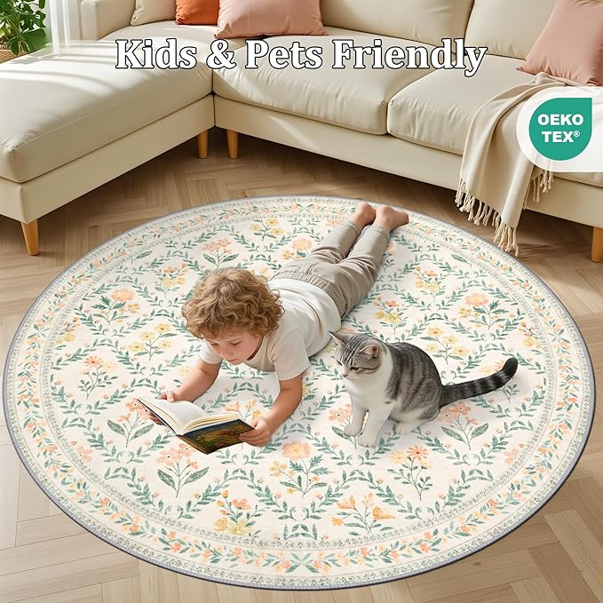 Round Area Rug for Living Room: 6 ft Floral Washable Circle Rug Soft Non-Slip - Image 8