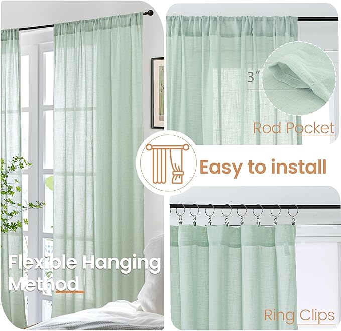 BGment 40 Inch Length Light Green Linen Curtains - Image 6