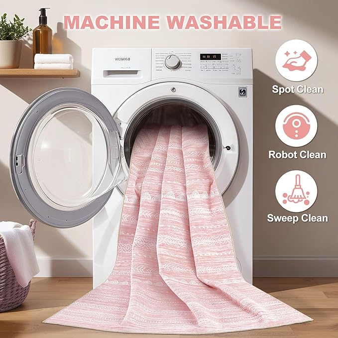Nakagishi Pink Rugs for Bedroom Girls: 7x10 Washable Boho Large Neutral Cute - Image 2