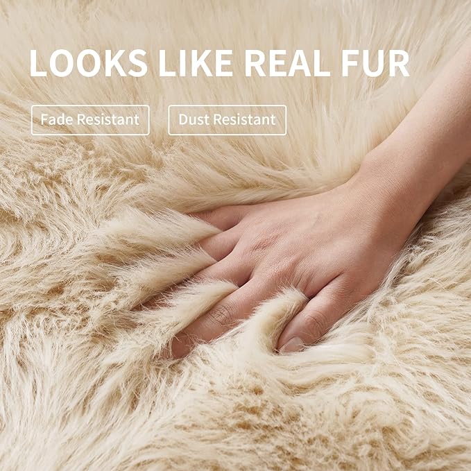 Fluffy Round Rug for Kids Room Beige Circle Faux Fur Area Rug for Bedroom - Image 4