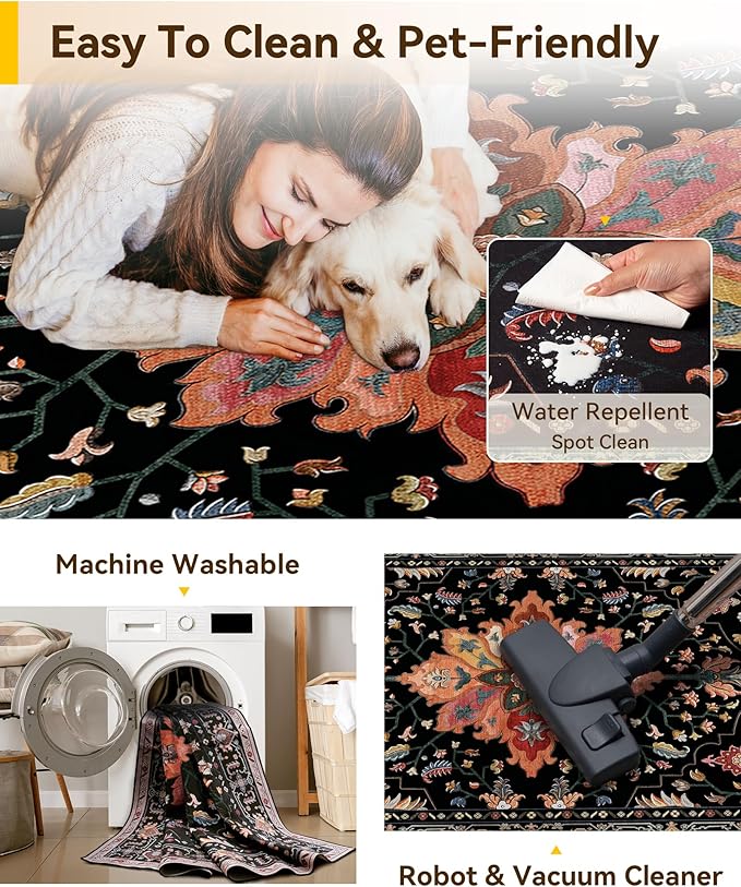 Area Rugs 6'x8' Washable Non-Slip, Floral Vintage Distress Print Pattern - Image 5