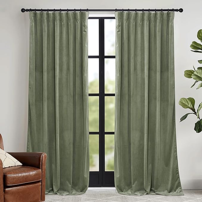 RYB HOME Sage Green Velvet Curtains 108 inch, Room Darkening Super Soft Velvet by RYBHOME
