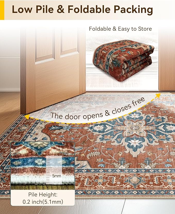 Area Rugs 5'x7' Washable Non-Slip, Floral Vintage Distress Print Pattern - Image 9