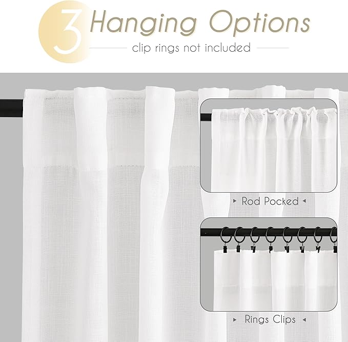 White Linen Curtains 72 inch Long 2 Panel Set - Image 2