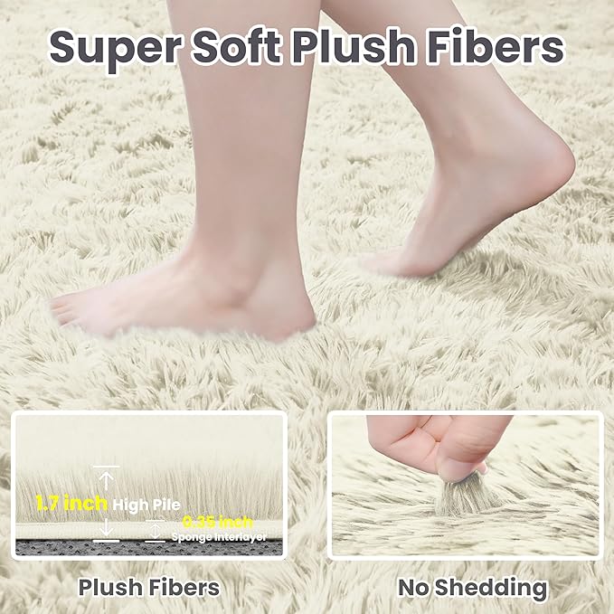 5x8 Area Rugs for Living Room: Soft Fluffy Shag Cream White Rugs for Bedroom - Image 5