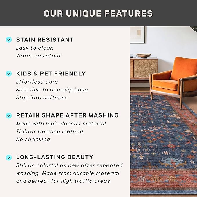 Hazo Haus Washable Navy Blue Living Room Rug, 7x10 Area Rug - Image 7