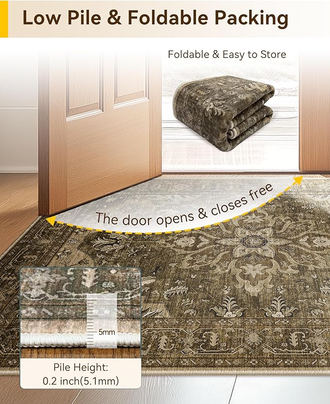 Area Rugs Round 8ft Washable Non-Slip, Floral Vintage Distress Print Pattern - Image 3