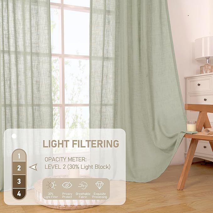 LAMIT Sage Grey Linen Kitchen Curtains 30 Inch Length, Semi Sheer Light - Image 4
