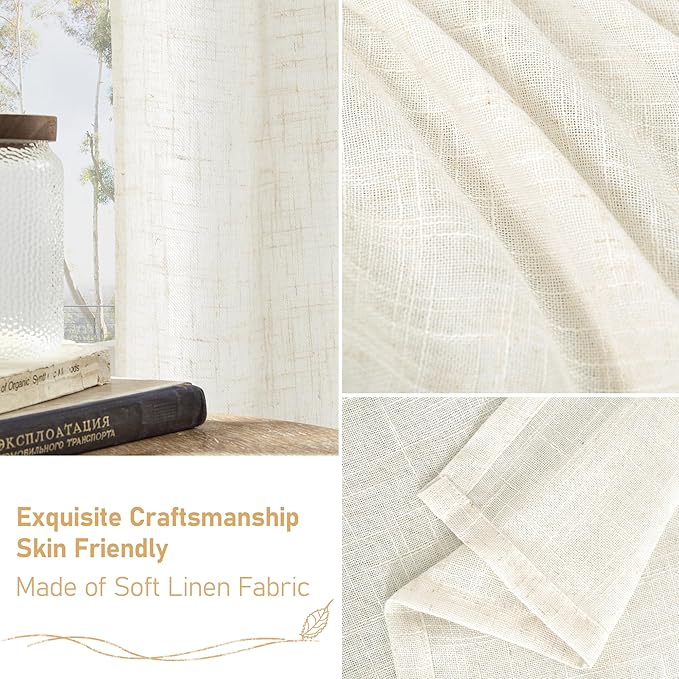 LAMIT Light Filtering Linen Curtains 63 inches Long, Cream Linen Textured Semi - Image 6
