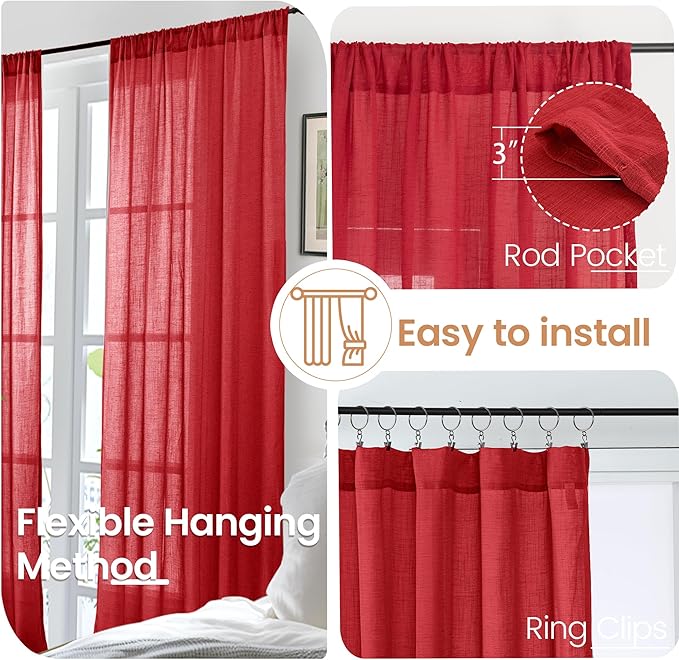 BGment Red Linen Curtains 40 Inch Length - Image 6
