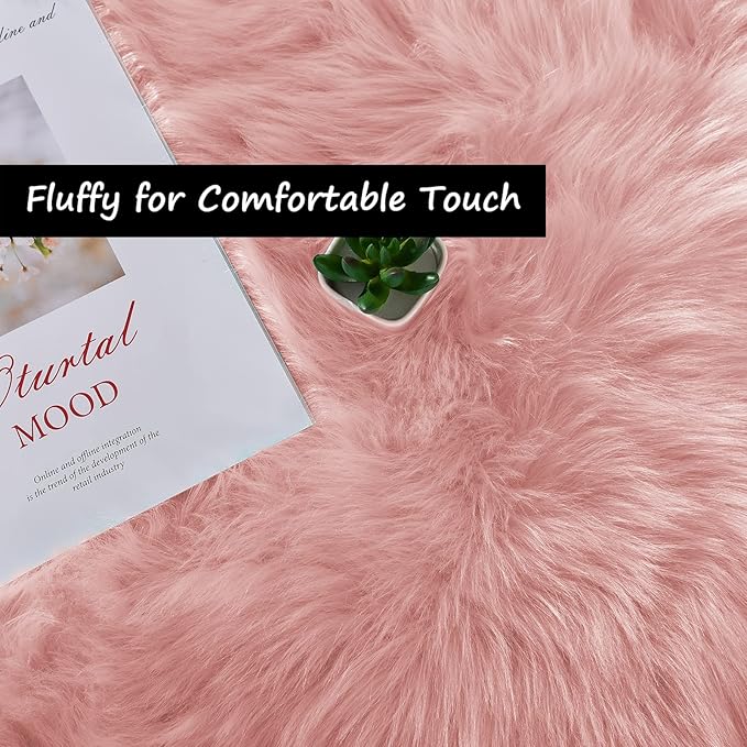 Goolela Pink Circle Rug 4ft for Girls Bedroom Round Fuzzy Fluffy Faux Fur - Image 3