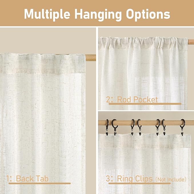 LAMIT Light Filtering Linen Curtains 63 inches Long, Cream Linen Textured Semi - Image 3