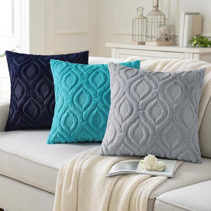 decorUhome Throw Pillow Covers 26x26 Inch Set of 2, Soft Plush Faux Wool Blue - Image 4