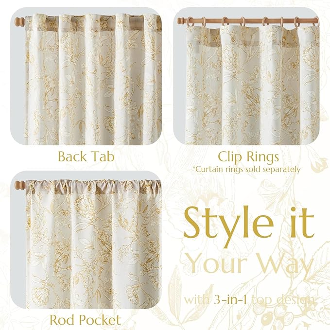 jinchan Floral Curtains 90 Inch Length Mustard Yellow Flower Linen Farmhouse - Image 5