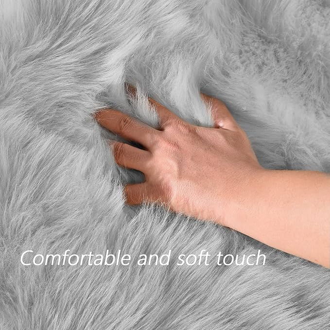 Latepis Round 3ft Small Fur Rug Grey Fluffy Faux Sheepskin Cute Circle Rugs - Image 5