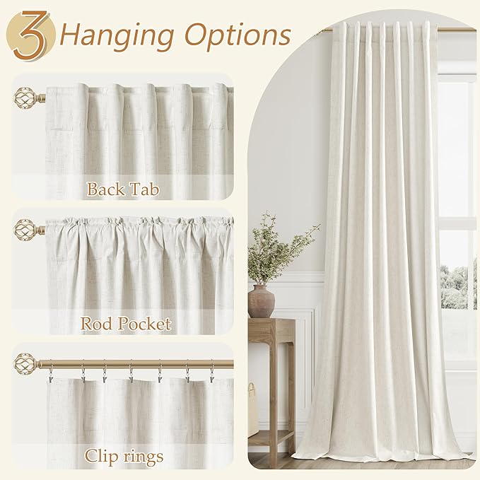 Cream 100% Blackout Linen Curtains 100 Inch Length 2 Panels Set - Image 6