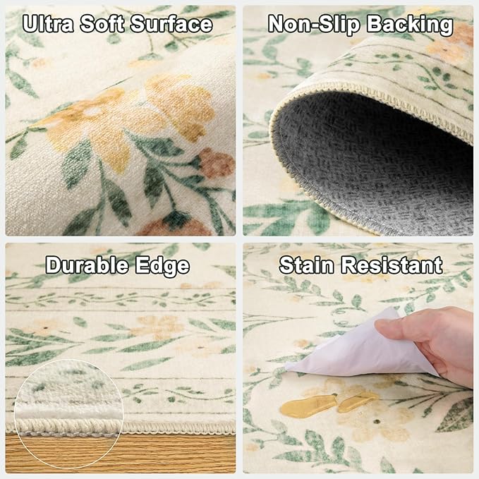 Round Area Rug for Living Room: 6 ft Floral Washable Circle Rug Soft Non-Slip - Image 6