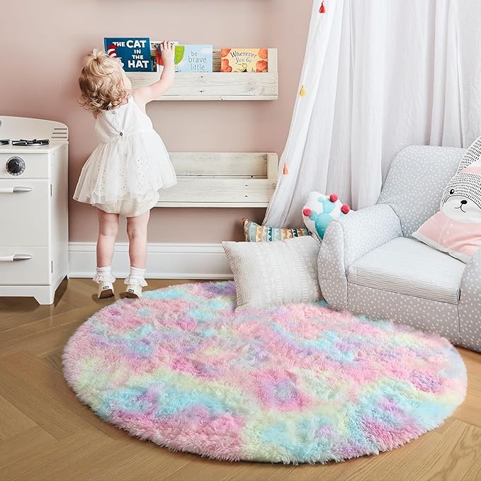 Amdrebio Rainbow Fluffy Round Rug 5Ft Kids Rugs - Image 8