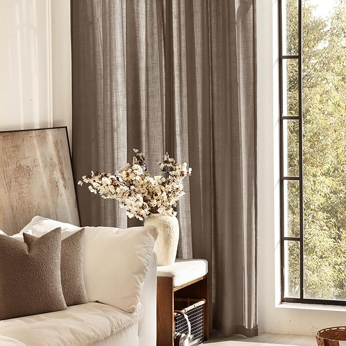 Chocolate Brown Linen Curtain 120 inch Length 2 Panels Back Tab Light Filtering - Image 5
