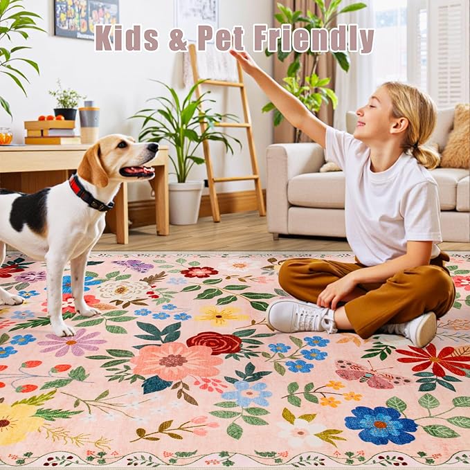 Area Rug Living Room Rugs: Floral 4x6 Washable Rug Vintage Soft Boho Non-Slip - Image 8