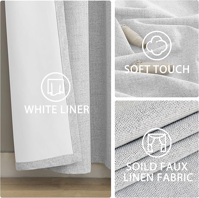 Yakamok White Linen Curtains 100% Blackout 96 Inches Long, Room Darkening - Image 6