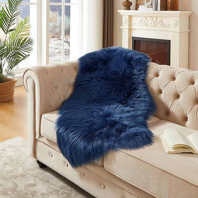 AMTOVO Faux Fur Rug, Dark Blue Area Rug, Fluffy Sheepskin Rug, Fuzzy Ultra Soft - Image 3