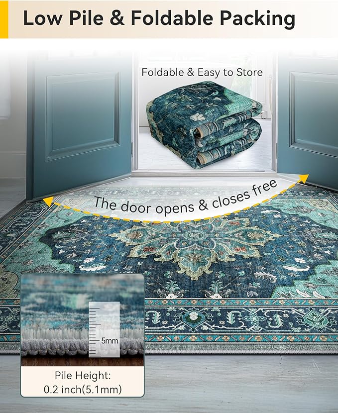Area Rugs 4'x5' Washable Non-Slip, Floral Vintage Distress Print Pattern - Image 4