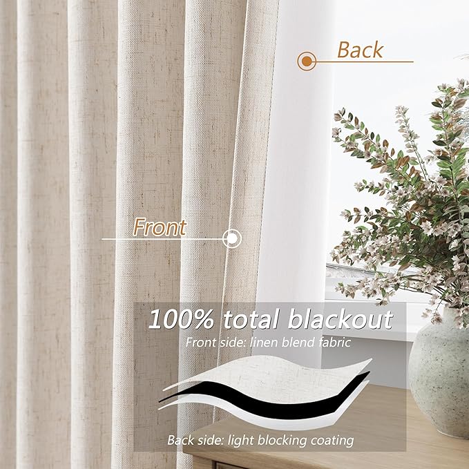 Guken 100% Blackout Linen Curtains 72 Inch Length 2 Panels Set - Image 3