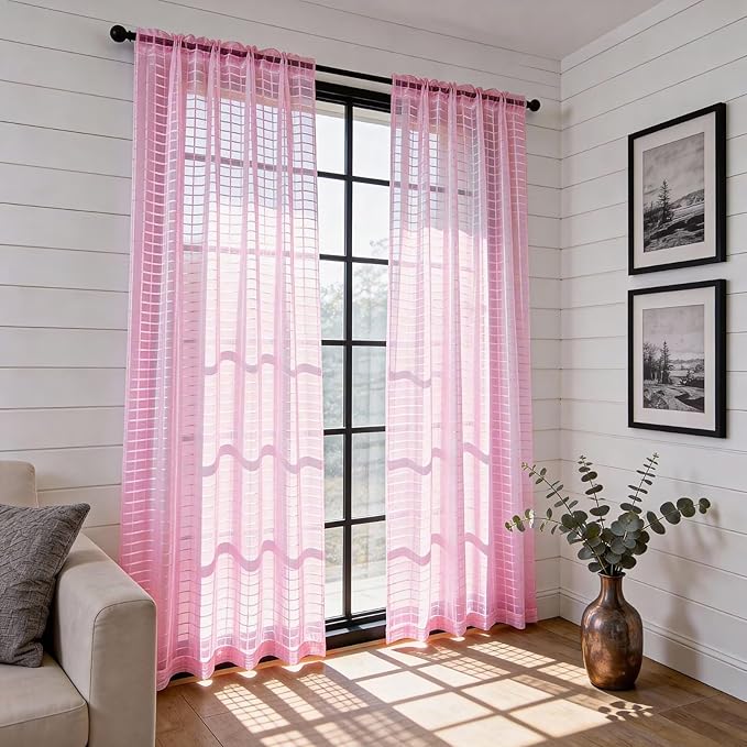 SpaceDresser Check Sheer Curtains 96 Inches 2 Panels Set, Rod Pocket Plaid - Image 4