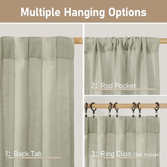 LAMIT Sage Grey Linen Kitchen Curtains 30 Inch Length, Semi Sheer Light - Image 3