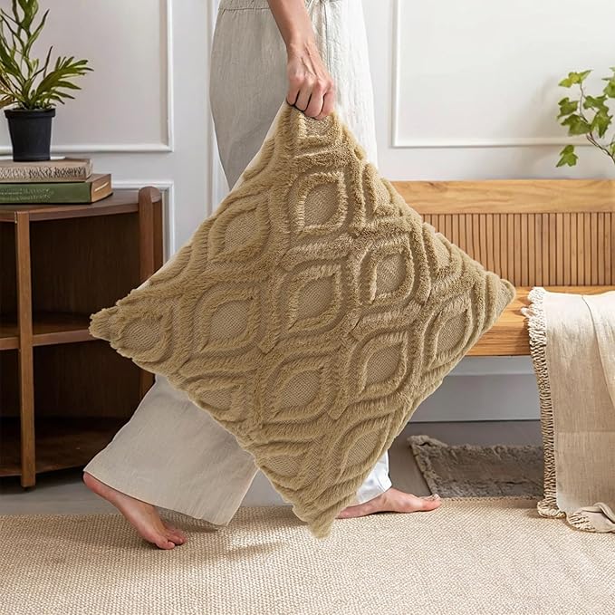 decorUhome Throw Pillow Covers 22x22 Inch Set of 2, Soft Plush Faux Wool Khaki - Image 6