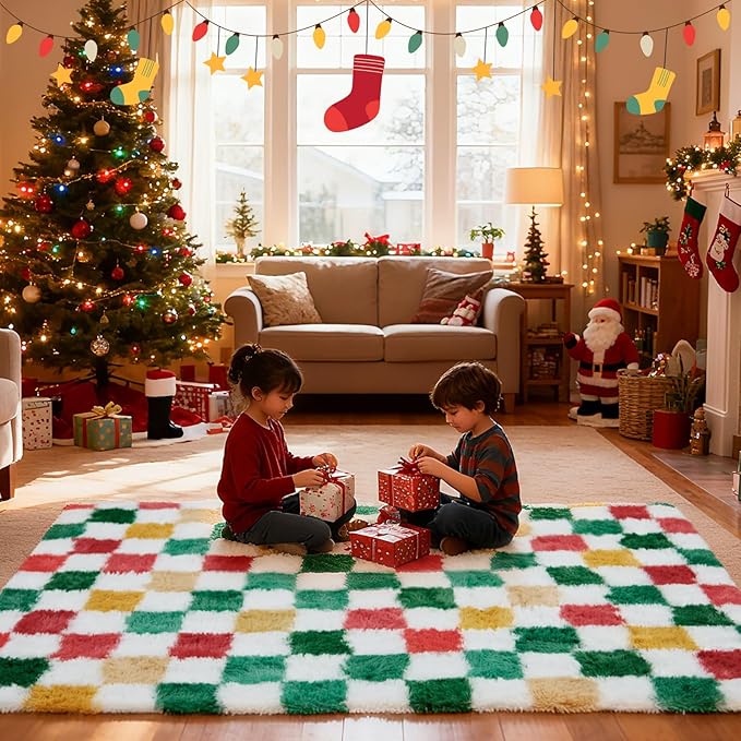 Checkered Area Rug 4x6 for Bedroom Living Room, Christmas Shag Rug Fuzzy Shaggy - Image 2