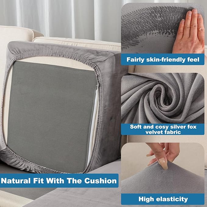 Couch Cover 3-Piece Elastic Velvet Couch Cushion Covers & Chaise Slipcovers - Image 4