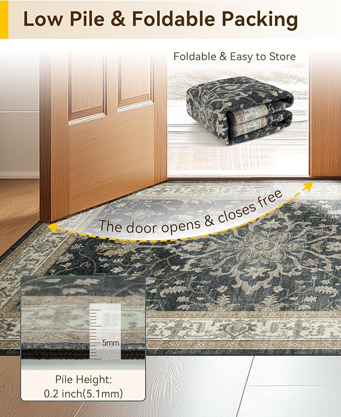Area Rugs 3'x5' Washable Non-Slip, Floral Vintage Distress Print Pattern - Image 5