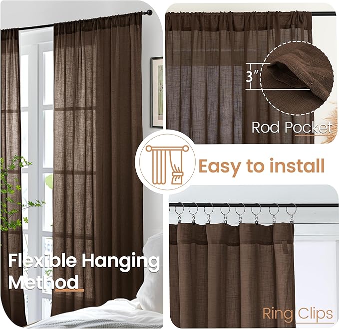BGment Brown Linen Short Curtains 36 Inch Length - Image 6