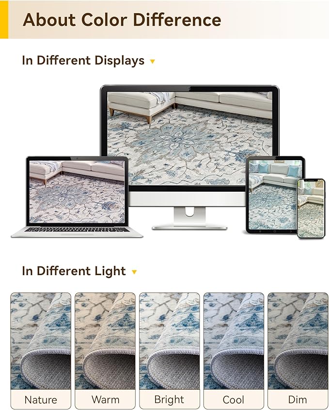 Area Rugs 6'x8' Washable Non-Slip, Floral Vintage Distress Print Pattern - Image 6