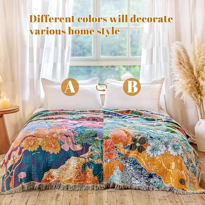 MSGKV Boho Throw Blanket for Couch 50"x60" Cotton Floral Blankets for Sofa - Image 3