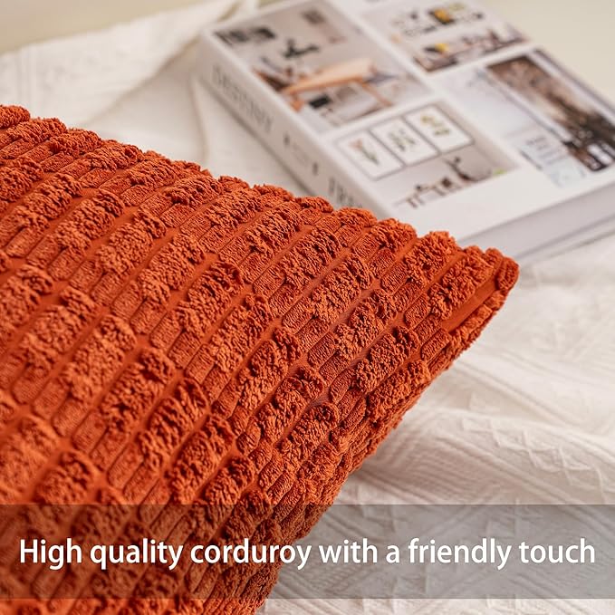 Pack of 2 Corduroy Decorative Throw Pillow Covers 16x16 Inch Soft Striped - Image 2